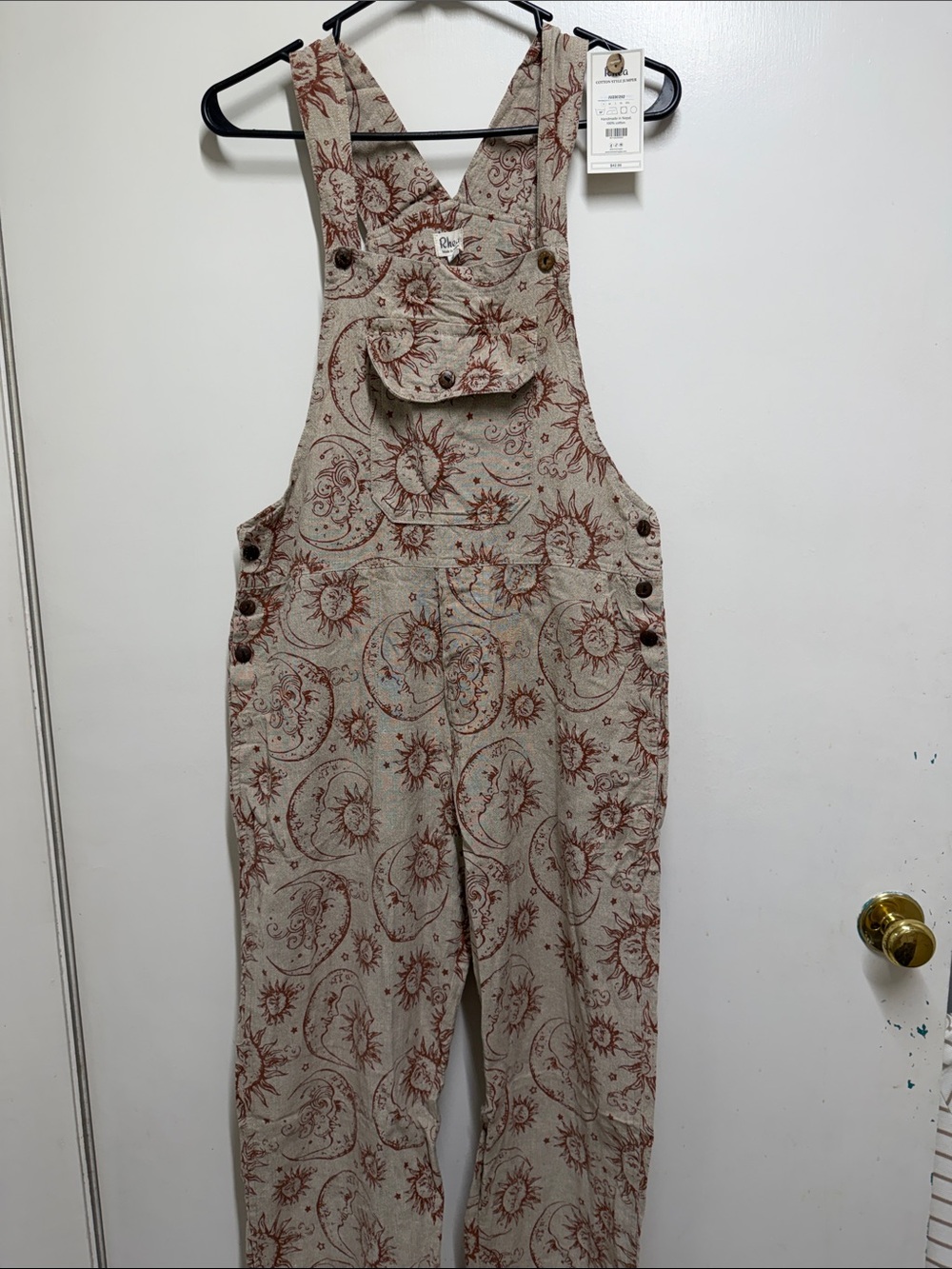 Neutral & Rust Sun Motif Linen Blend Overalls Jumpsuit